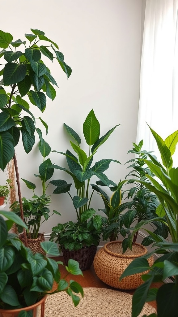 A corner filled with various houseplants in stylish pots, showcasing vibrant green foliage.