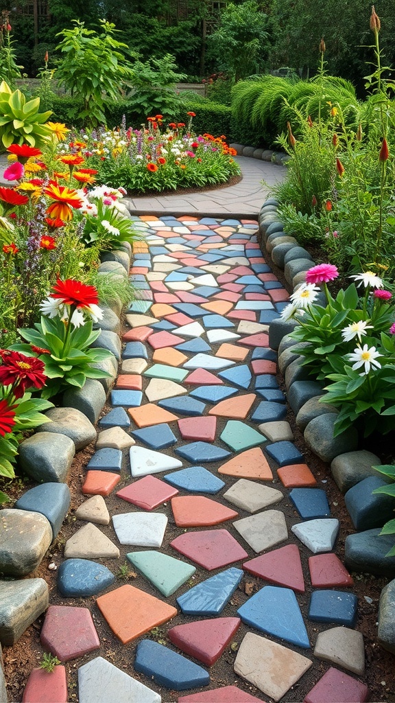 Colorful mosaic garden pathway surrounded by flowers