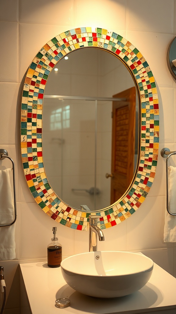 A vibrant mosaic mirror frame with colorful tiles around an oval mirror