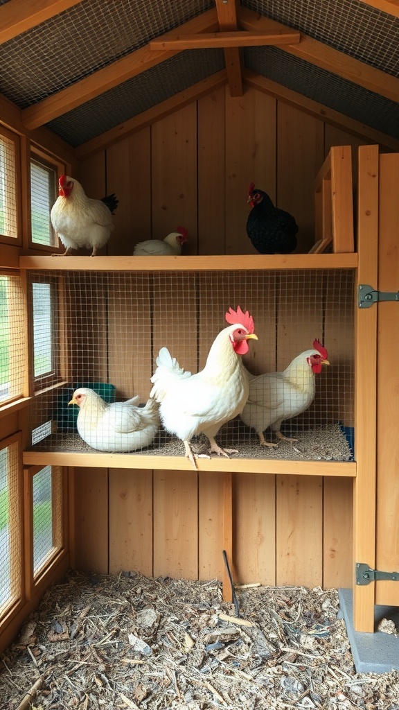 Multi-level chicken coop with several chickens on different levels.