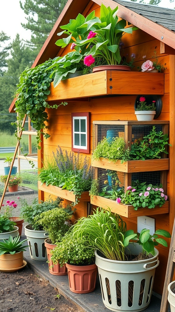 Multi-level chicken coop with vertical gardening and various plants.