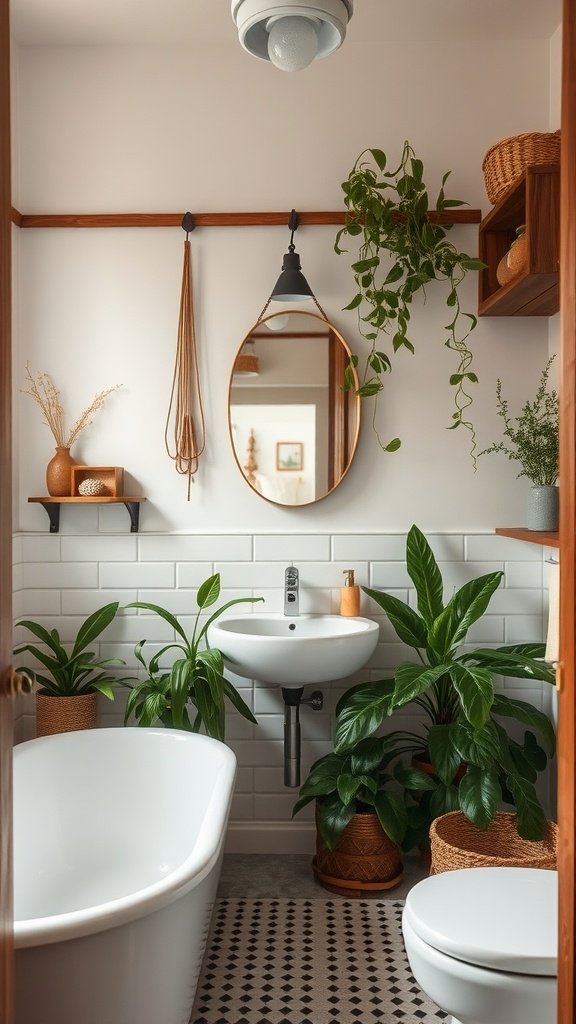 A vintage bathroom featuring plants and natural decor elements.