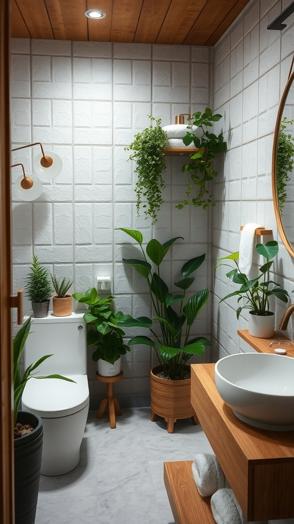 A stylish bathroom featuring various plants, wooden elements, and a clean, modern design.