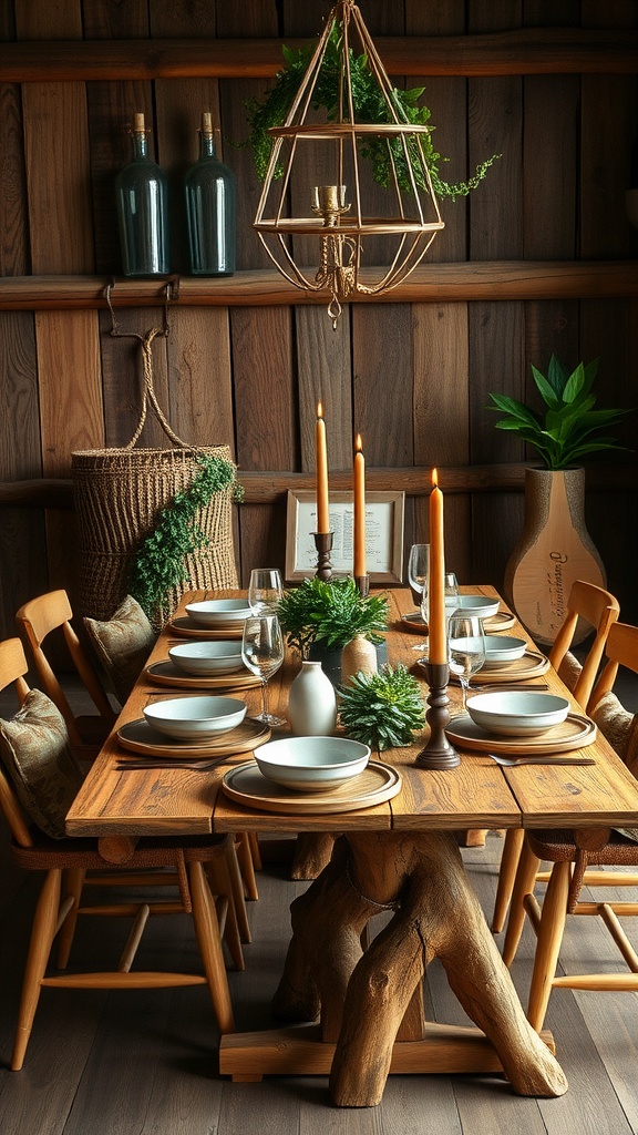 A beautifully decorated wooden dining table with natural elements, including candles and greenery.