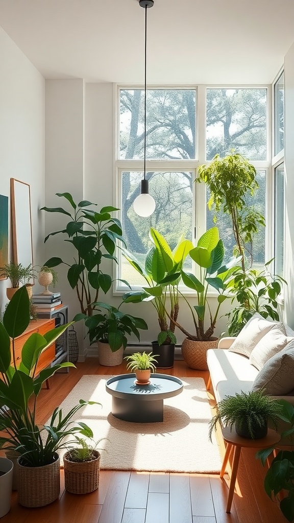 Cozy mid-century modern living room with abundant natural light and indoor plants.