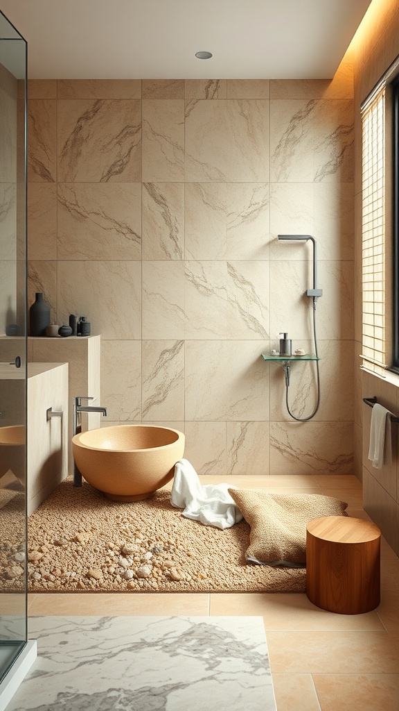 A modern rustic bathroom with natural stone elements featuring beige stone tiles, a round stone sink, a pebble rug, and a warm atmosphere.