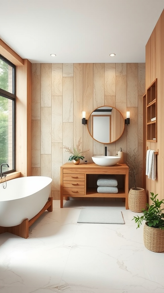 A chic bathroom featuring natural wood accents with a bathtub, sink, and plants.