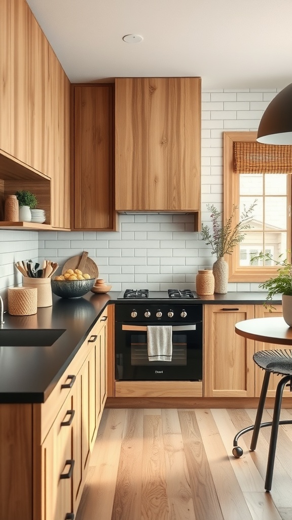 A modern kitchen featuring natural wood cabinetry and black countertops.