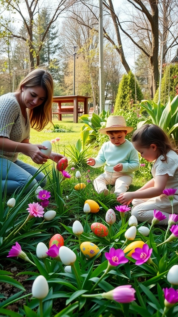 A family enjoying an Easter egg hunt in a garden filled with flowers.