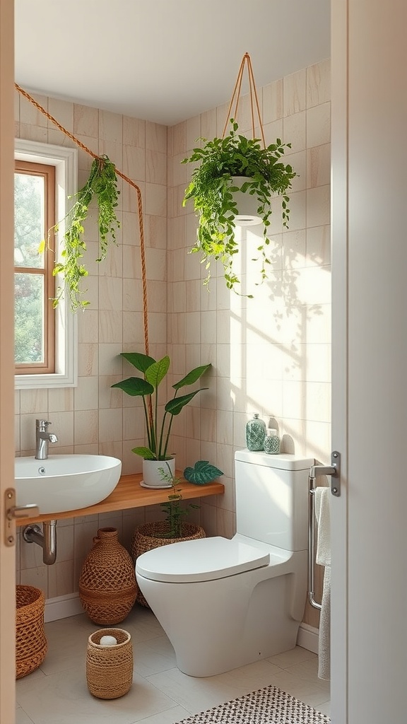 A bathroom featuring nature-inspired elements like hanging plants, a wooden countertop, and woven storage baskets.