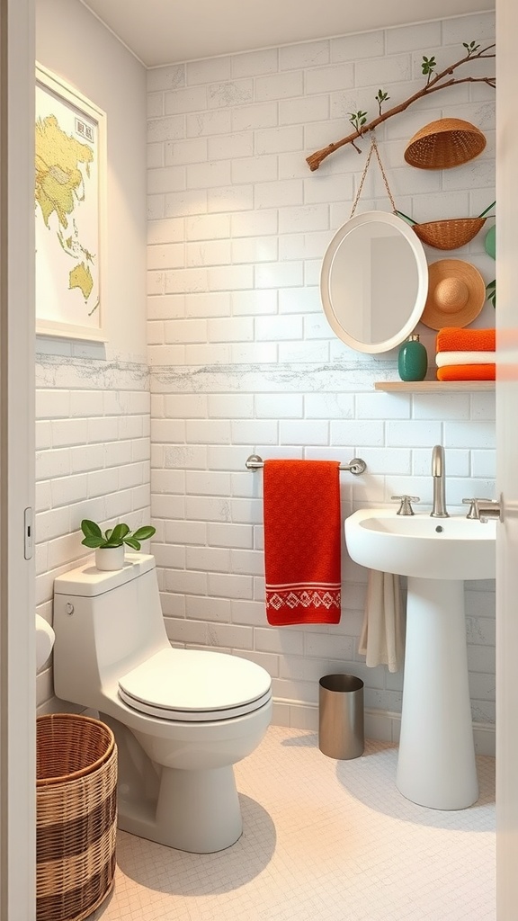 A modern rustic bathroom with a neutral palette featuring a red towel and natural elements.