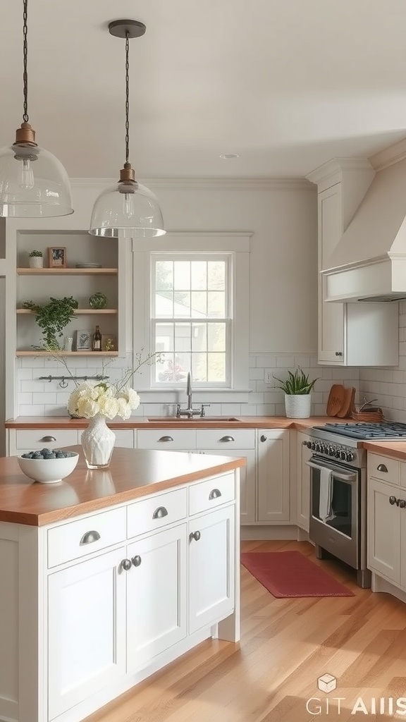 A bright Craftsman-style kitchen featuring white cabinetry, warm wood countertops, and earthy decor.