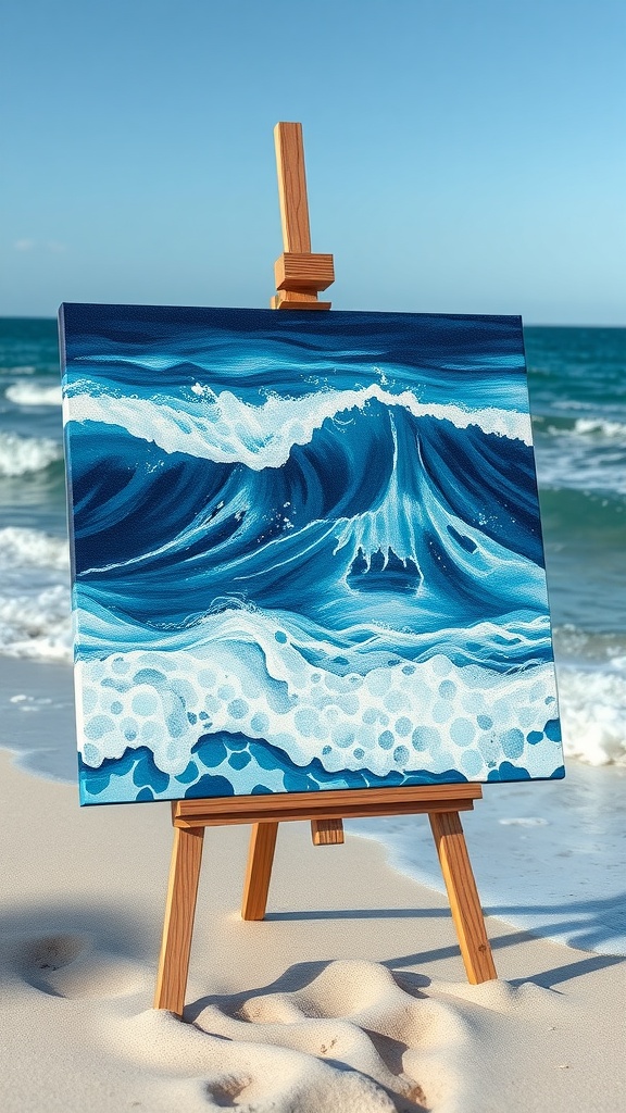 A canvas painting of ocean waves displayed on an easel at the beach.