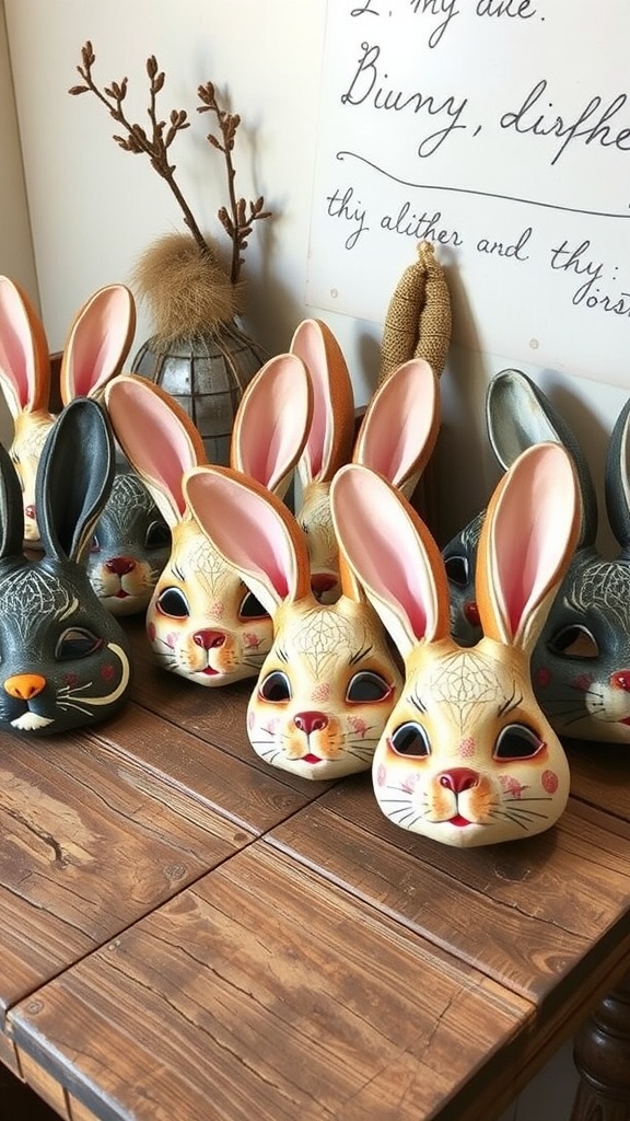 A collection of vintage bunny masks displayed on a wooden table.