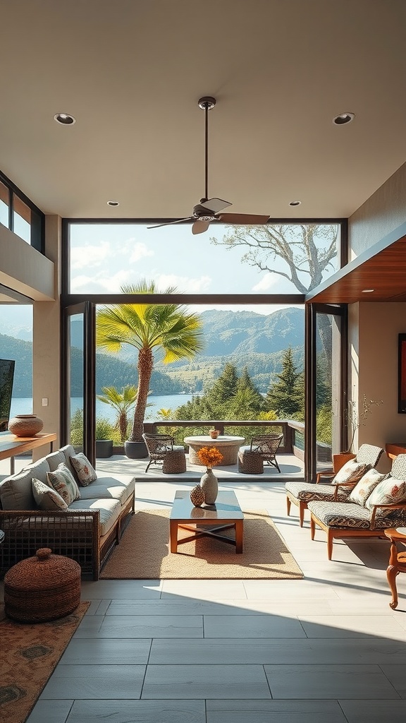 A spacious open-air living area with large windows showcasing a view of mountains and trees.