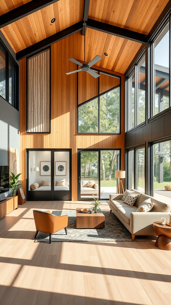 An open-concept living space in a modern container home, featuring large windows and wooden accents.