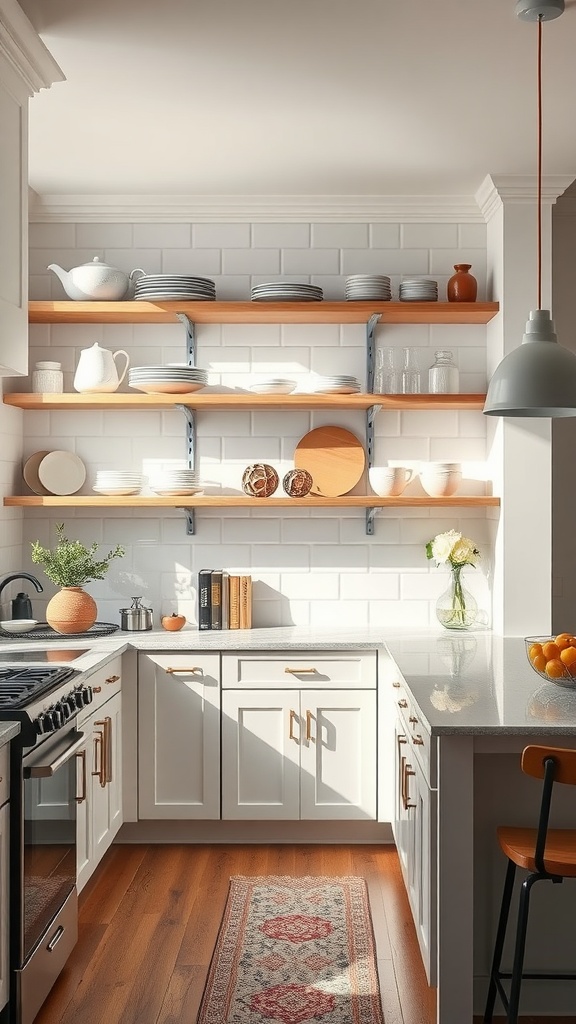 A bright Craftsman kitchen featuring open shelving with various dishes and decorative items, showcasing a modern and inviting design.