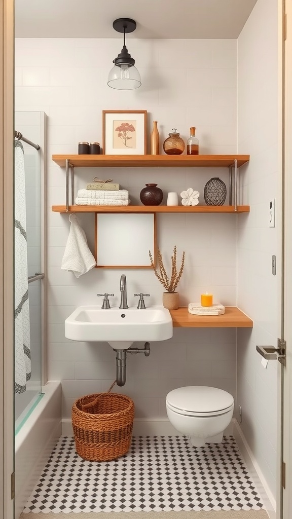 A stylish bathroom featuring open shelving with decorative items and towels.