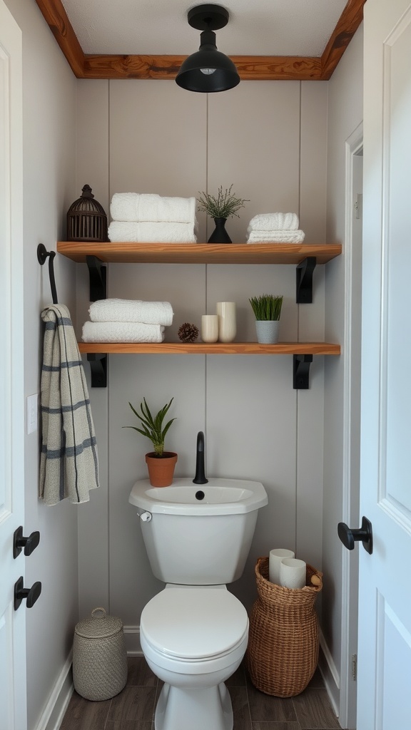 A bathroom corner featuring open wooden shelves with towels, plants, and decorative items above a white toilet.