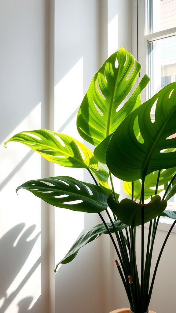 A healthy Monstera plant with large green leaves, positioned by a bright window.