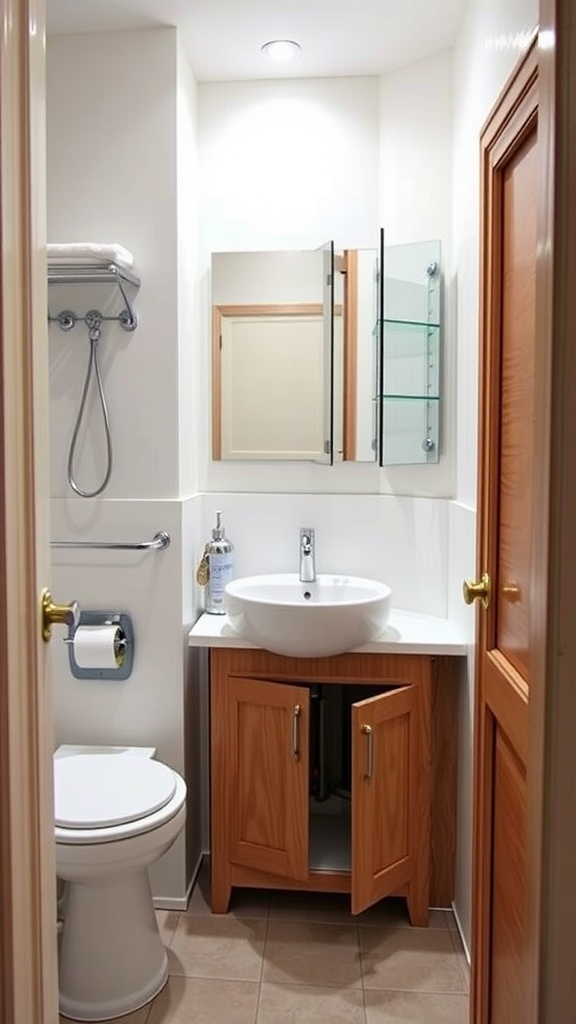 A small bathroom featuring a modern sink with storage, wall-mounted shelves, and mirrored cabinets.