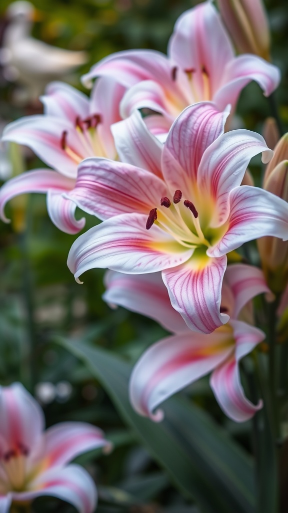 Close-up of pink and white Oriental lilies in bloom