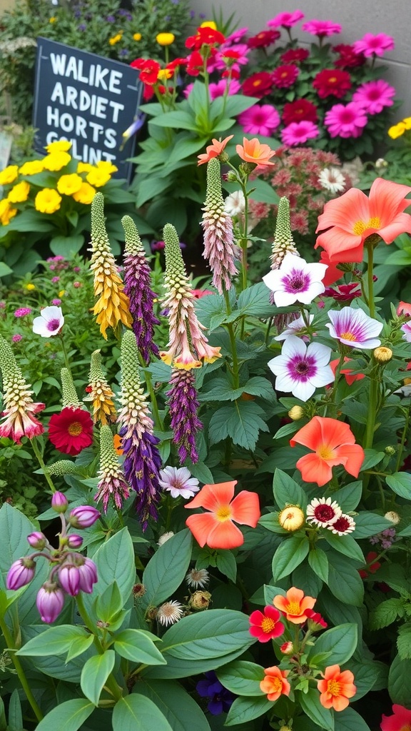 A colorful garden filled with various blooming flowers