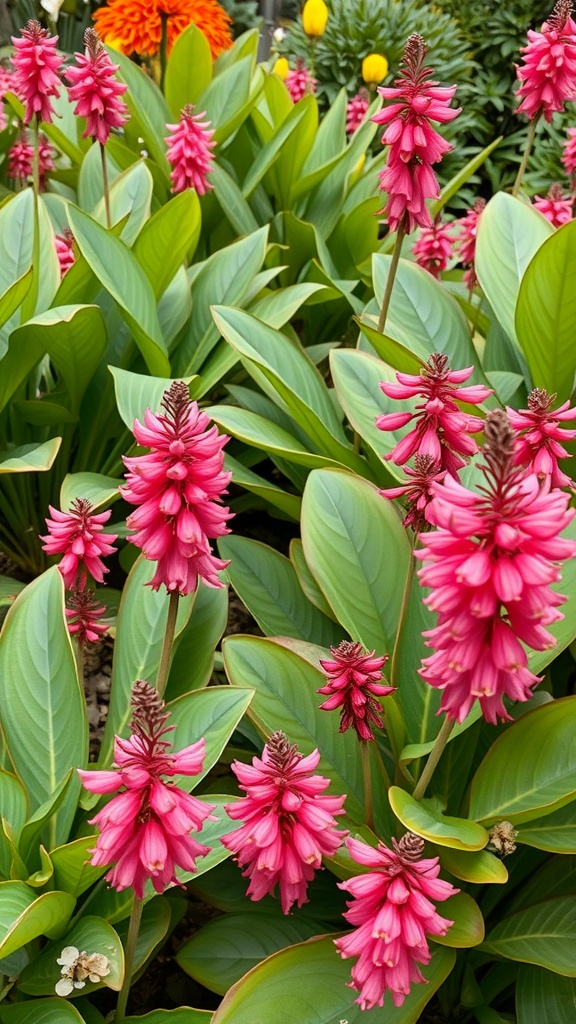 Close-up of ornamental ginger flowers with pink blooms and green leaves