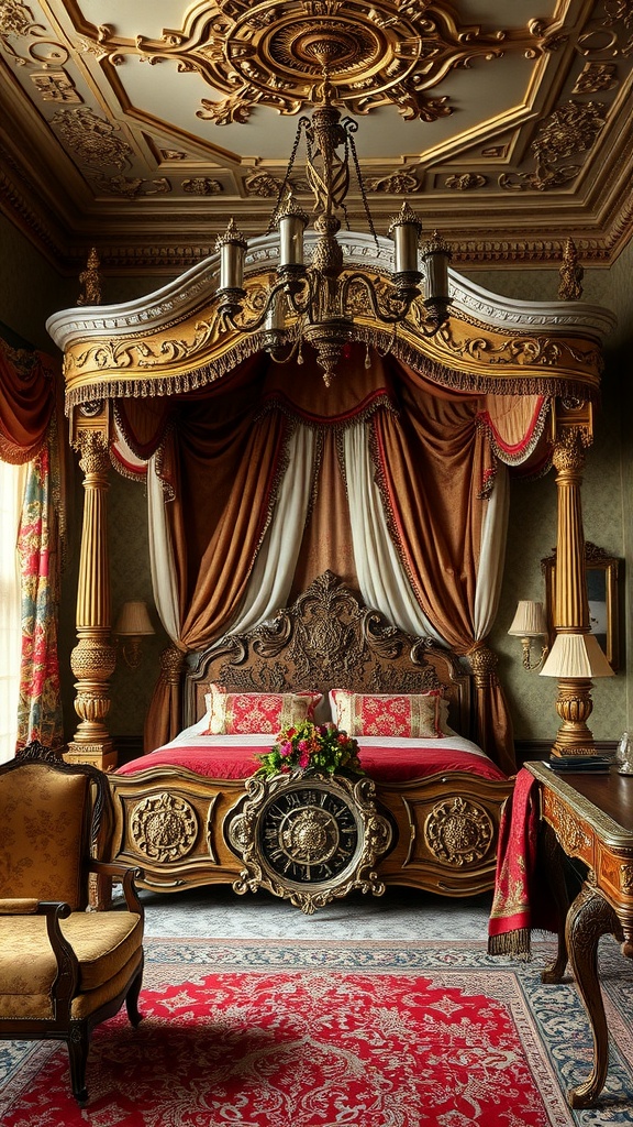 Ornate Victorian bedroom with a canopy bed, intricate designs, and rich colors.