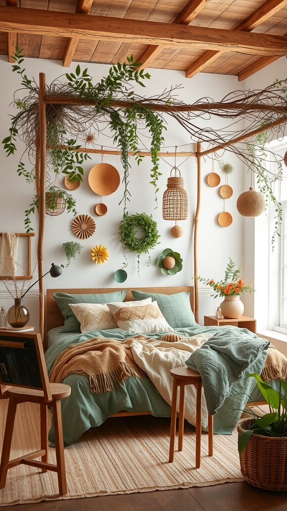 Cozy bedroom with an outdoor-inspired bed canopy made of branches and greenery.