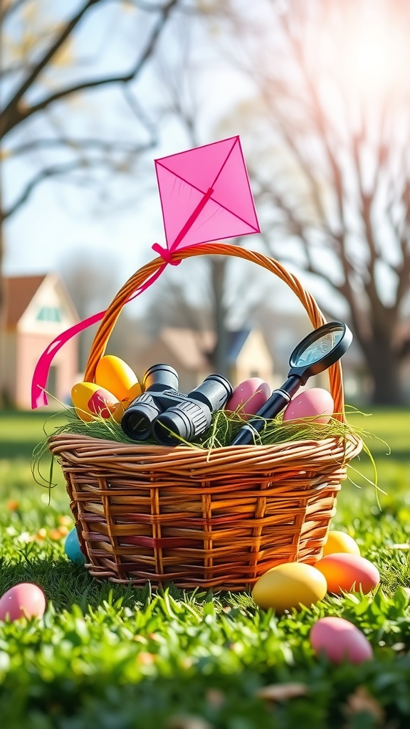 A wicker basket filled with binoculars, a magnifying glass, a colorful kite, and Easter eggs, set in a grassy outdoor area.