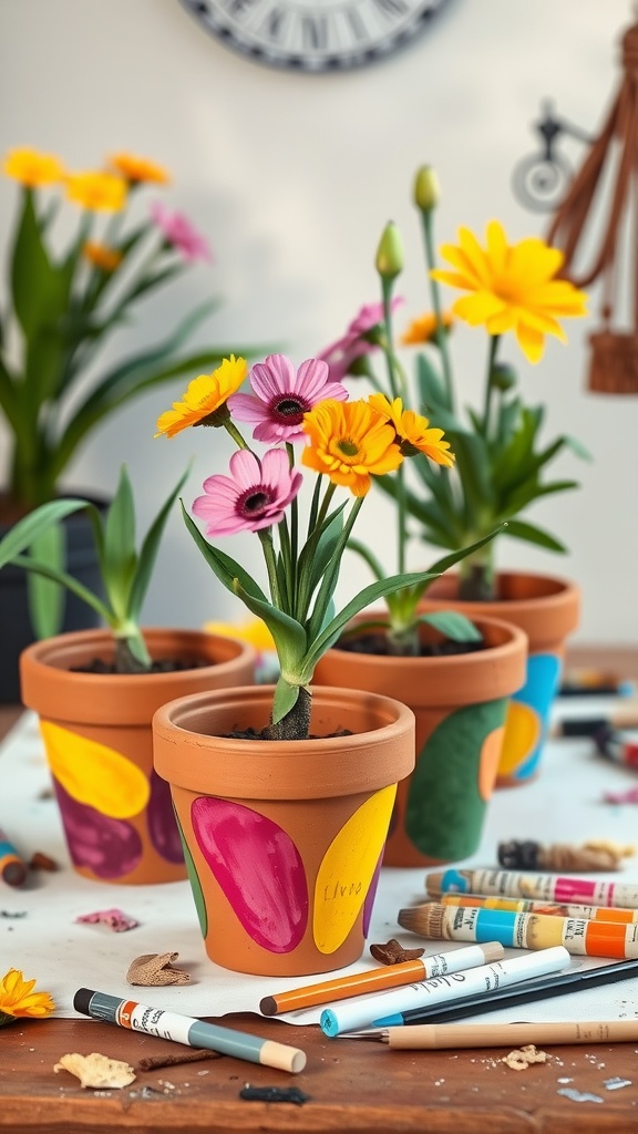 Decorated flower pots with colorful paint and flowers