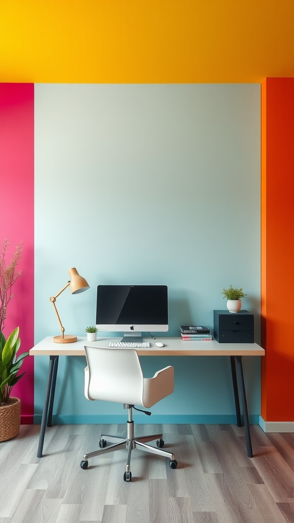 A modern workspace with colorful painted paneling and a desk