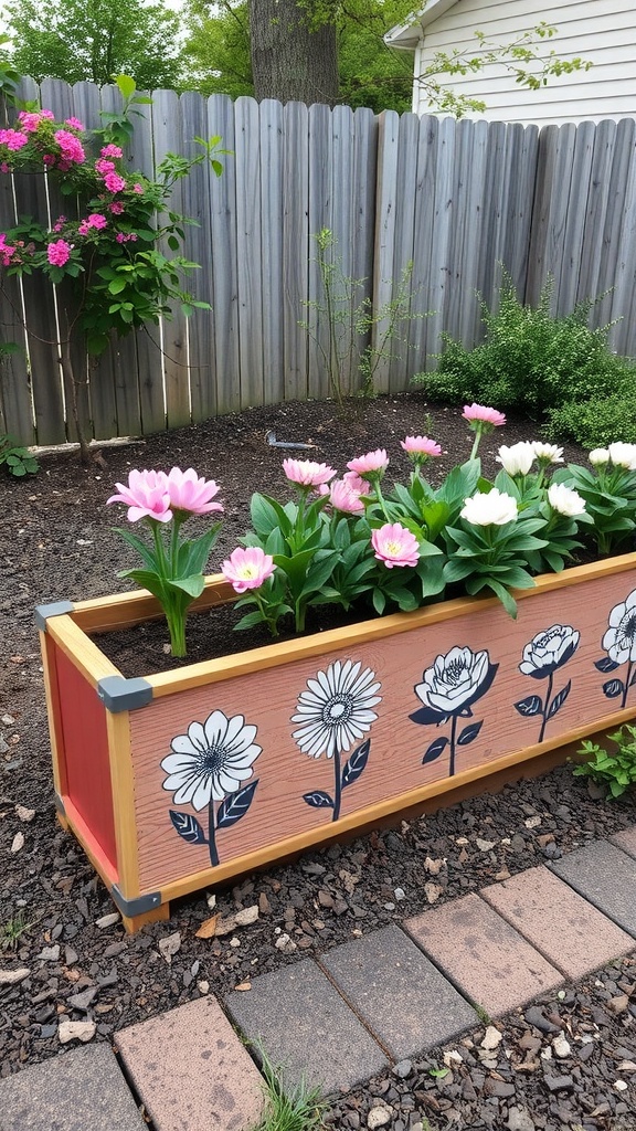 A painted wooden planter with flower stencils filled with pink and white flowers, set against a garden backdrop.