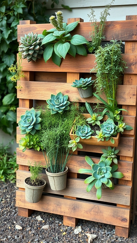 A wooden pallet planter wall with various succulents and herbs arranged in small pots.