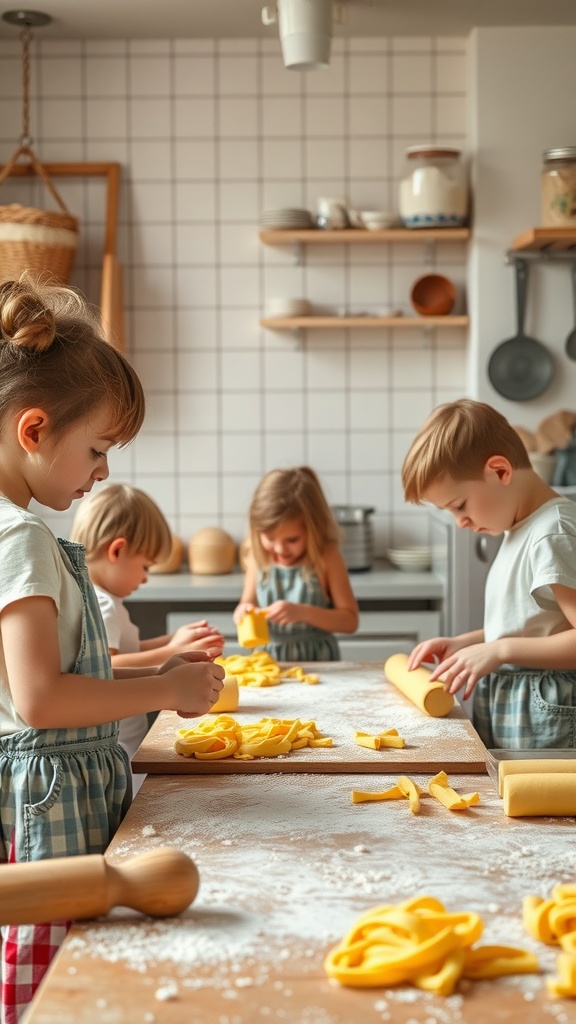 Children happily making pasta in a cozy kitchen, with flour on the table and rolling pins in use.