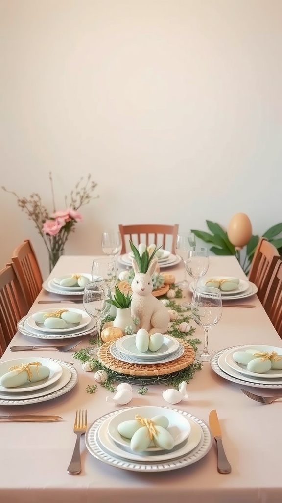 A beautifully arranged Easter table setting with pastel colors, featuring plates with eggs, a bunny centerpiece, and decorative elements.