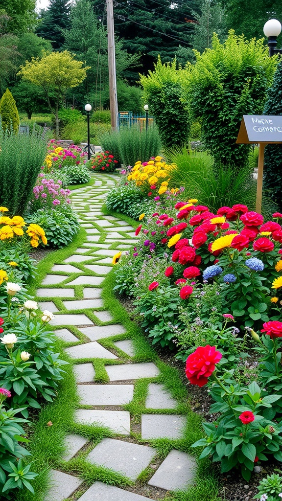 A beautifully designed pathway lined with colorful flowers and greenery.