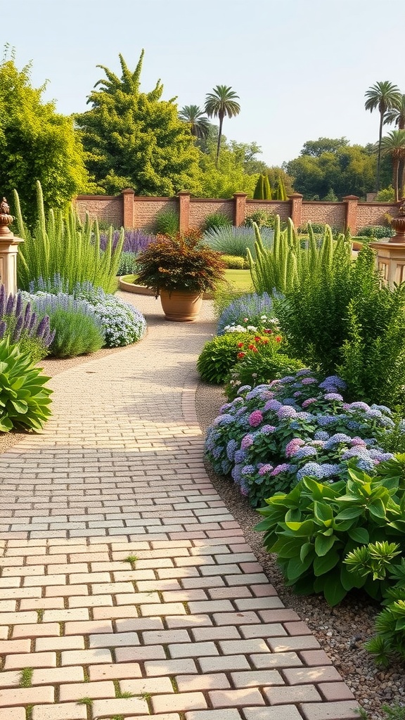 A beautiful garden pathway made of bricks surrounded by colorful flowers and plants.