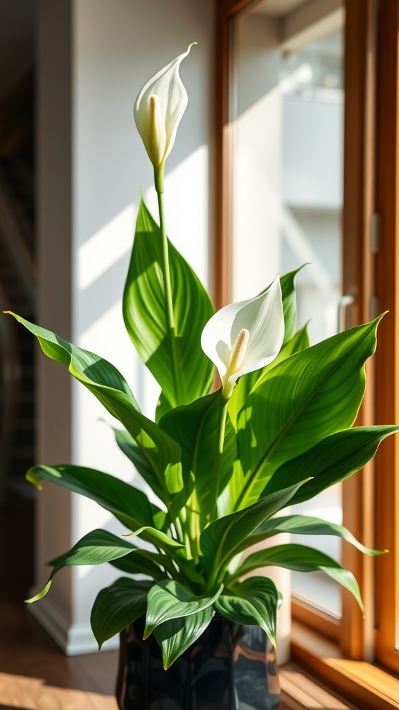 A Peace Lily plant with white blooms and green leaves near a window.