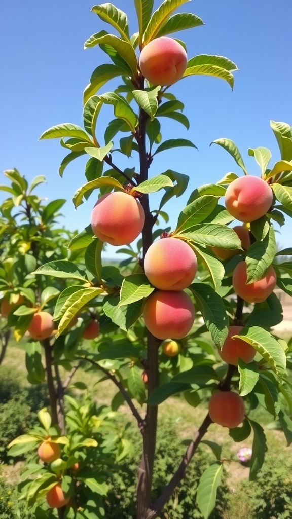 A peach tree with ripe peaches against a clear blue sky.