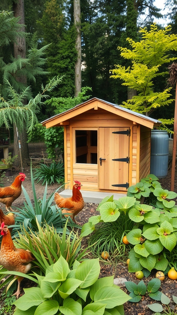 A wooden chicken coop surrounded by greenery and chickens in a garden setting.