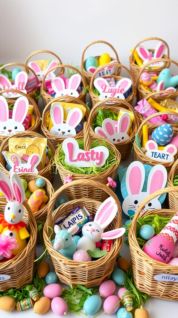 Colorful personalized Easter baskets filled with treats and decorated with bunny ears