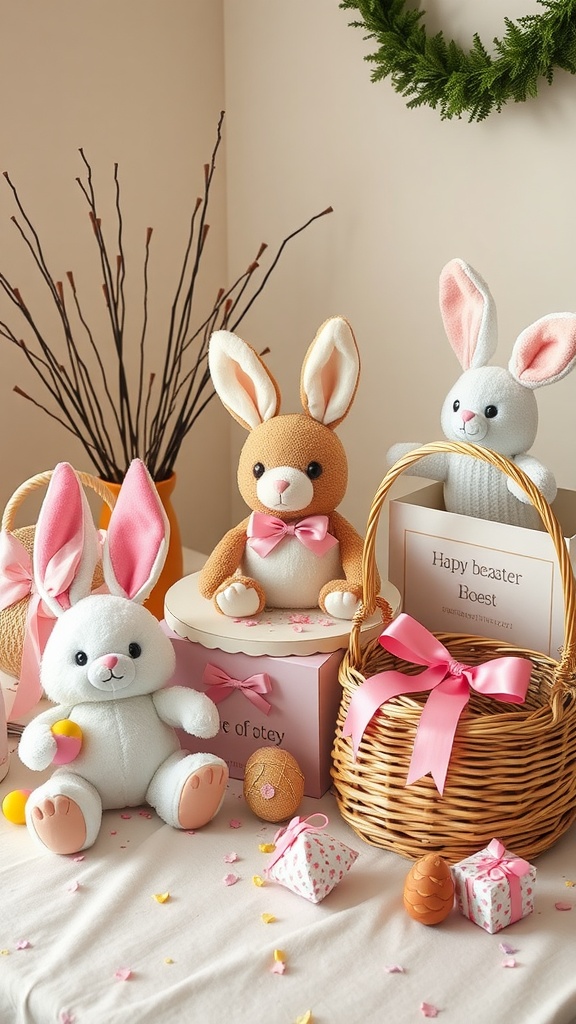 A festive display of personalized Easter Bunny gifts, featuring colorful plush bunnies, a wicker basket, and decorative treats.