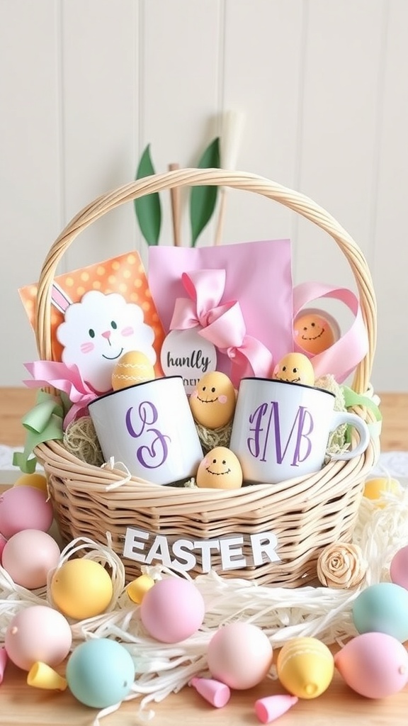 A beautifully arranged Easter basket with personalized mugs and colorful decorations.