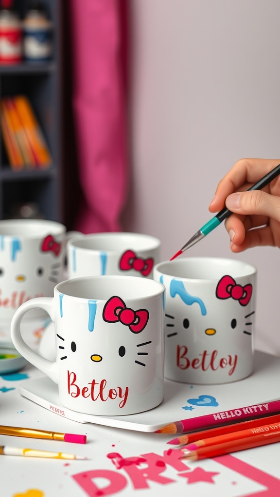 A hand painting personalized Hello Kitty mugs with colorful designs.