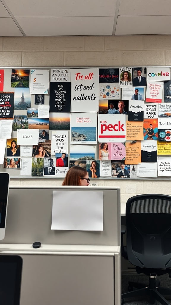 A colorful inspiration board in an office cubicle filled with photos, quotes, and reminders.