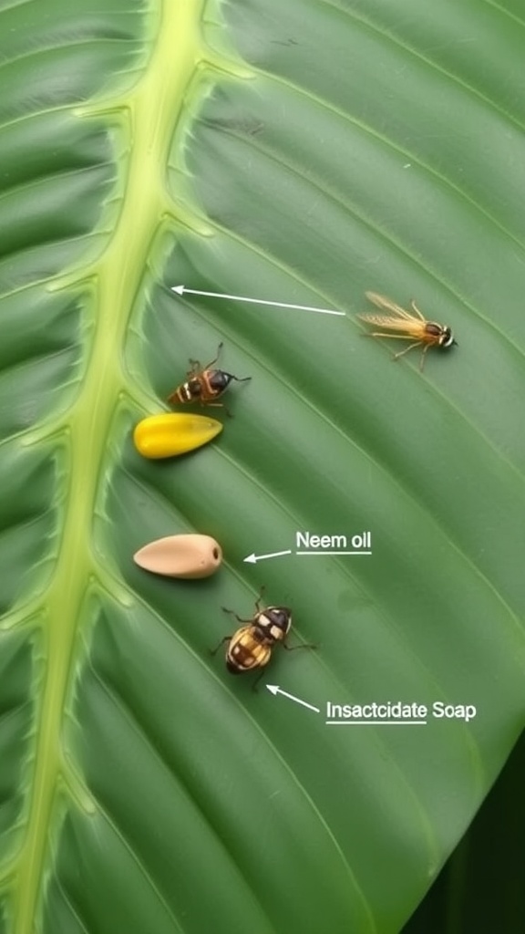 A close-up of a Monstera leaf showing pests and pest management solutions like neem oil and insecticidal soap.