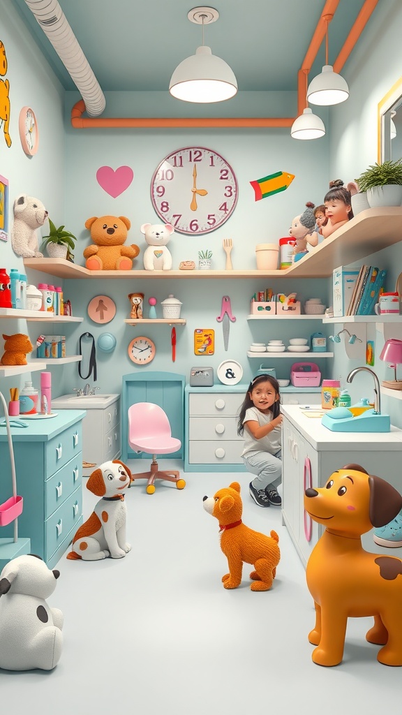 A colorful pet care center with a girl, toys, and playful pet characters.