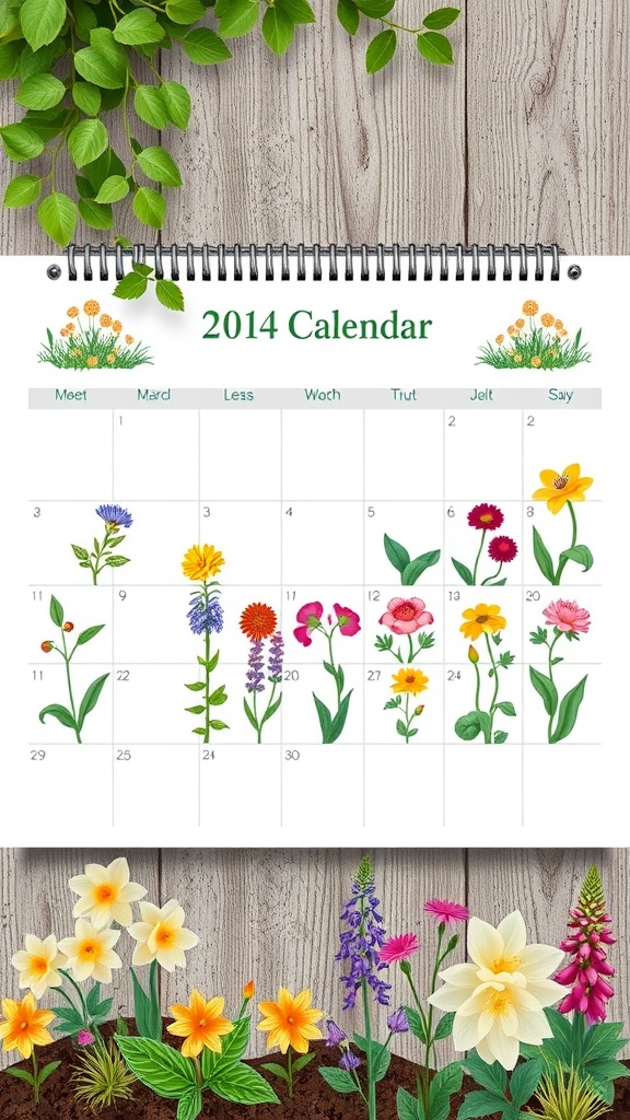 A colorful calendar featuring different flowers for each month, set against a wooden background.